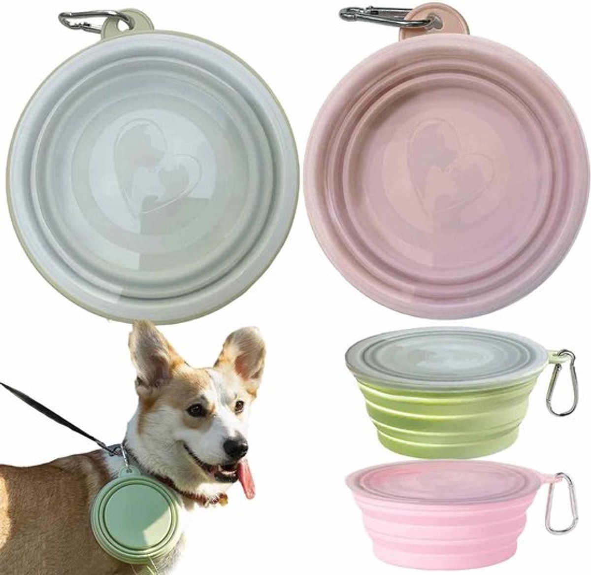 Vouwbare Siliconen Waterbak voor Honden en Katten - Draagbare Voedsel- en Drinkbak met Deksel en Karabijnhaak - Ideaal voor Reizen (Roze & Cyan, Klein, 350 ml)
