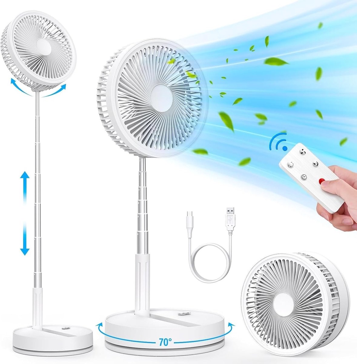 Draagbare Staande Ventilator - Wit - 21,9 cm - Oplaadbare Batterij met Afstandsbediening - Voor Thuis, Kantoor en Reizen