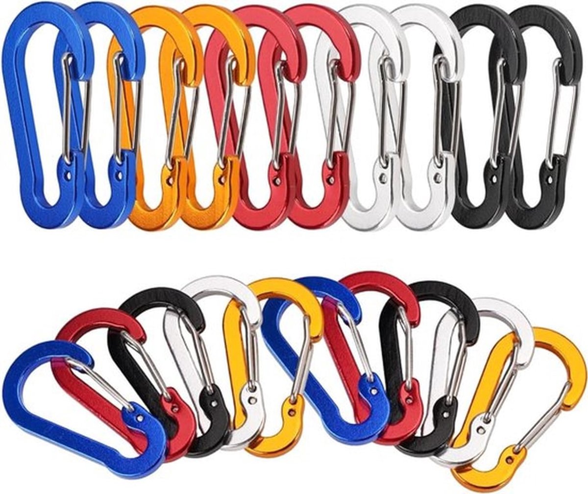 20 Stuks Lichtgewicht Aluminium Karabiners 50mm D Type Haakjes, Ideaal voor Kamperen, Wandelen en Reizen, Geschikt voor Rugzakken en Riemen