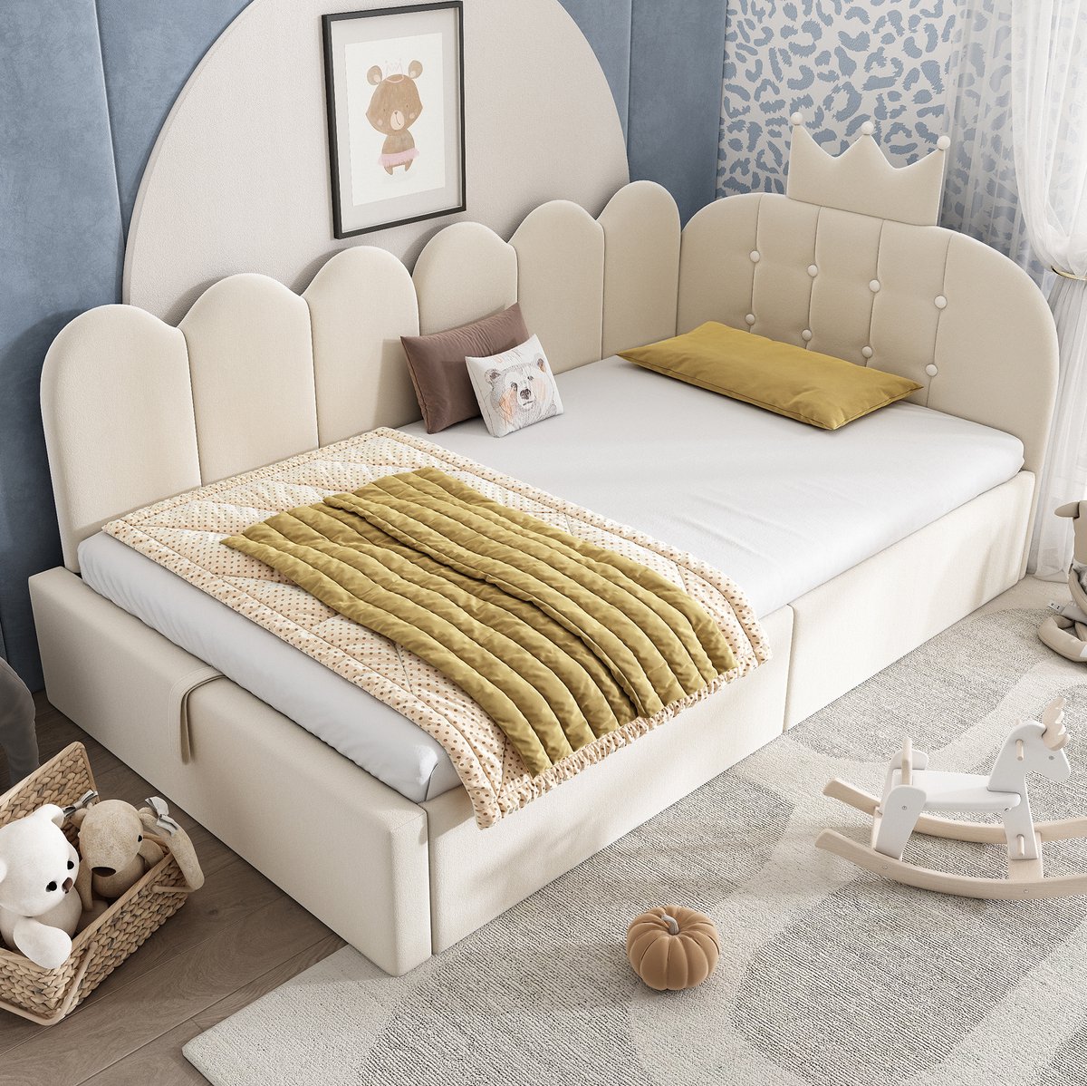 REDOM - Bedbank met opbergruimte - Hydraulisch opklapbaar frame - L-vormige uitvoering - Fluwelen bekleding - Kinderkamer of logeerkamer - Metaal en stof - Beige - 90 x 190 cm