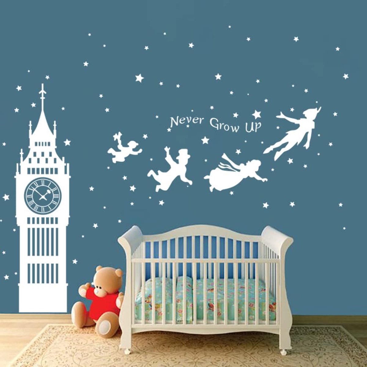 SnelShoppen - Peter Pan Muurstickers Kinderkamer Big Ben Citaten Nooit Volwassen Worden Sterren Muurdecoratie Babykamer Wit