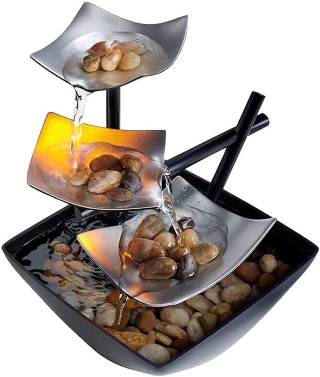 SnelShoppen - Decoratieve Tafel Fontein met LED Licht, Automatische Pomp, Natuurlijke Rivierstenen, 3-laags Design voor Binnen, Zen Sfeer, Stress Verm