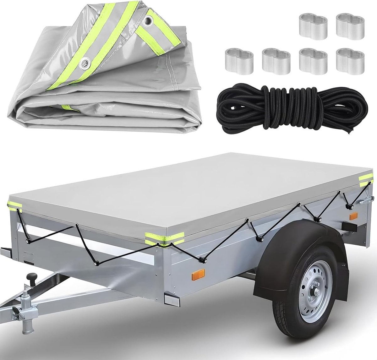 SnelShoppen - Car Trailer Dekzeil 208 x 114 x 10cm met 8m Tarp Touw Versterkte Rand en PVC Materiaal voor Auto Trailer Modellen - 750kg Weerbestendig