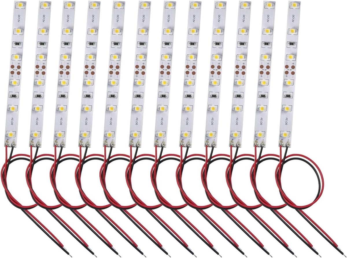 SnelShoppen - Pack van 12 Voorbedrade LED Strips, Warm Wit, Zelfklevend, 12V-18V, 15 cm, 6 LEDs - Ideaal voor Modelbouw, Miniatuur Kamers en Decoratie