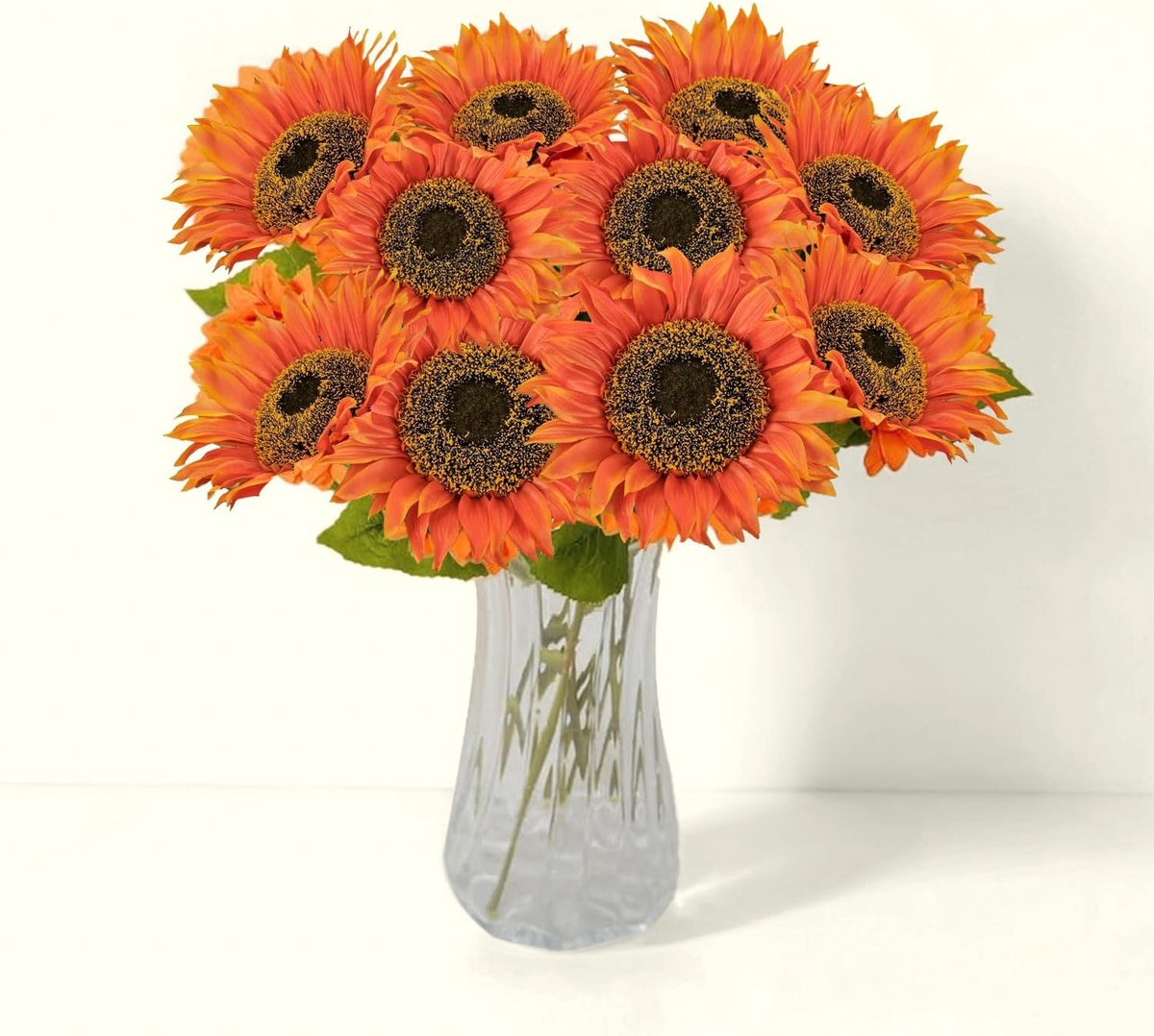 SnelShoppen - 8 Bundels Kunstmatige Zonnebloemen Oranje Rood met Lange Steel, Zijde en Plastic, Perfect voor Thuis, Hotel, Kantoor, Bruiloft, Tuin en