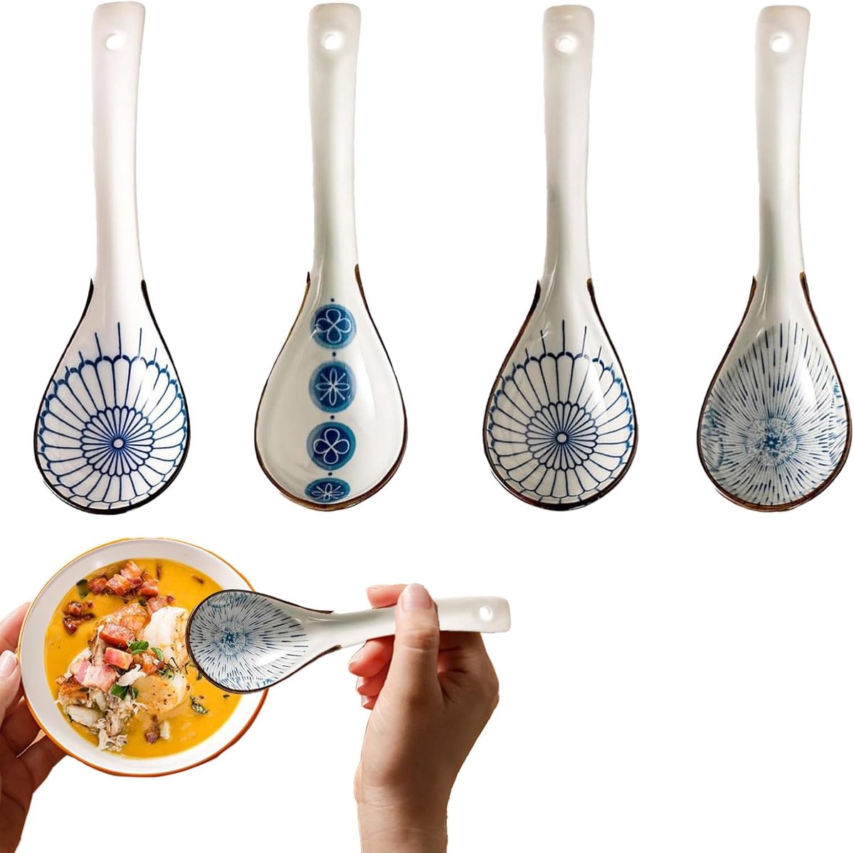 SnelShoppen - 4 Stuks Chinese Soeplepels Keramiek, Japanse Retro Stijl, Curved Handle, Duurzame Soup Spoons voor Wonton, Noodles, Hoofdgerecht, Keuken