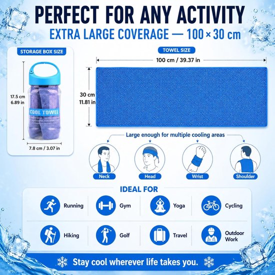 Koelhanddoek - Sporthanddoek Ice Towel - Sport en Ontspanning - Directe Koeling met Water - 100 x 30 cm - Lichtblauw — afbeelding 2