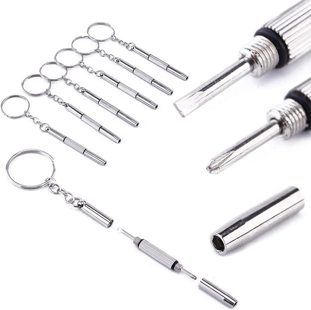SnelShoppen - Multifunctionele Mini Schroevendraaier 3-in-1 voor Brillen, Horloges, Mobiele Telefoons, Laptops, Speelgoed - RVS, Sleutelhanger, 6 Stuk