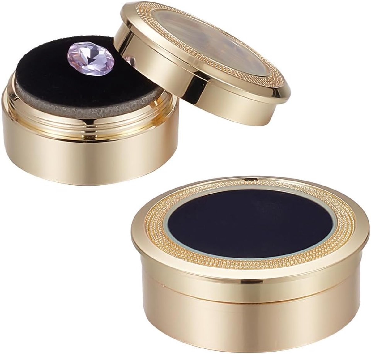 SnelShoppen - 2 Stuks Geel Gouden Edelsteen Presentatie Doos 1.3 en 1.6 Inch Ronde Losse Diamant Sieraden Doos met Venster voor Trouwringen en Sierade