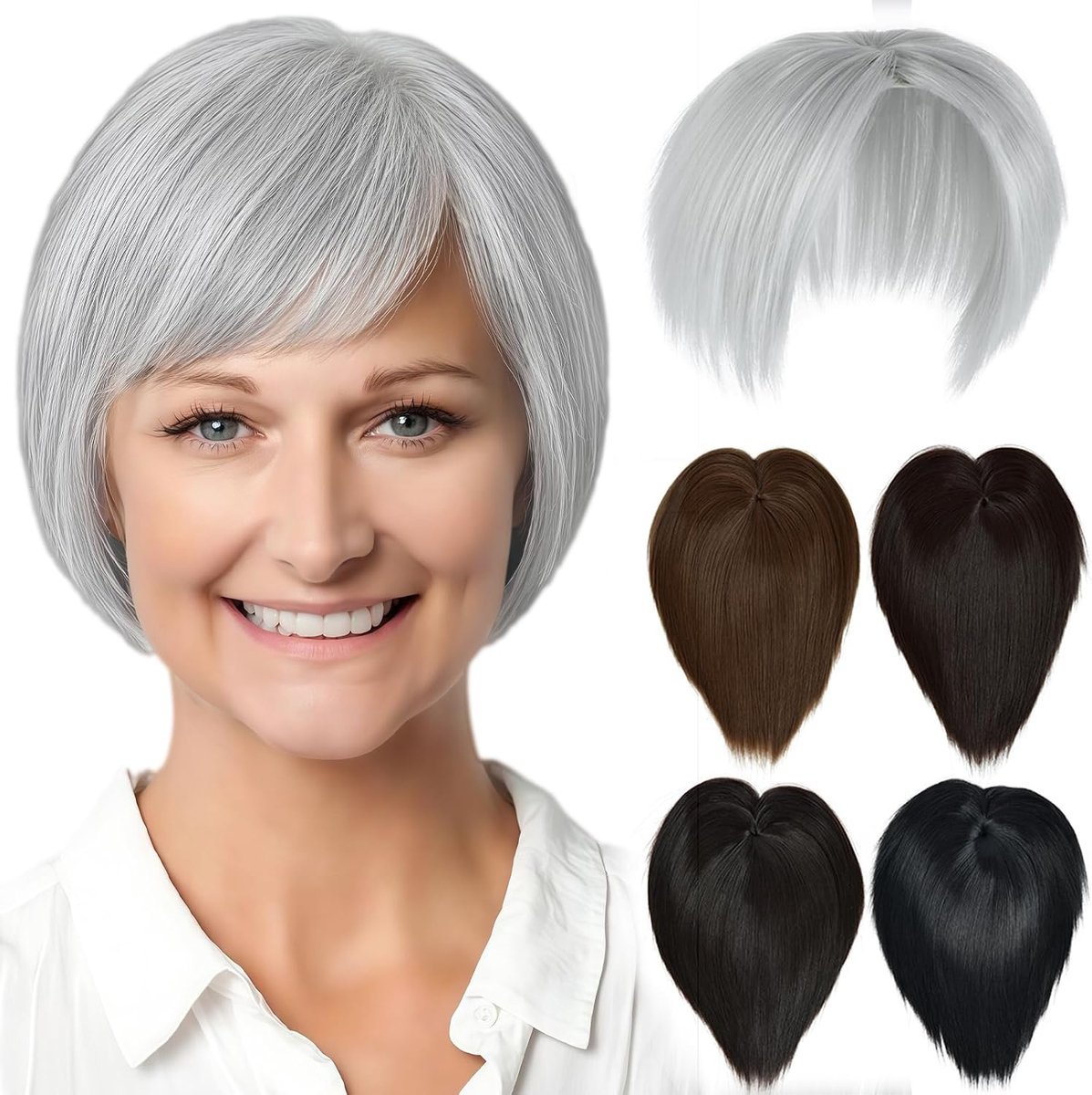 SnelShoppen - Luxiremi Korte Haar Topper Clip-In Haar Extensies, Synthetisch Haar, Licht Zilvergrijs, Haarstuk voor Vrouwen en Vrouwen met Dun Haar