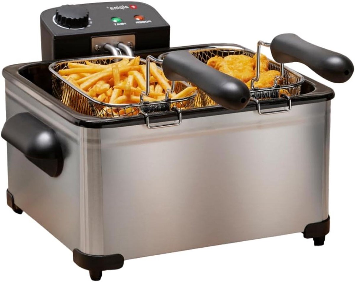 Friteuse Dubbel - Frituurpan - Grote porties maken - Verstelbare thermostaat - 5 Liter capaciteit - Zilver