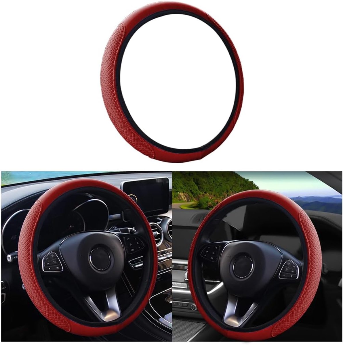 SnelShoppen - Universele Stuurwielhoes 38 cm Microfiber Leder Antislip Ademend Geurvrij Wijnrood - Auto Accessoire voor Veilig en Comfortabel Rijden