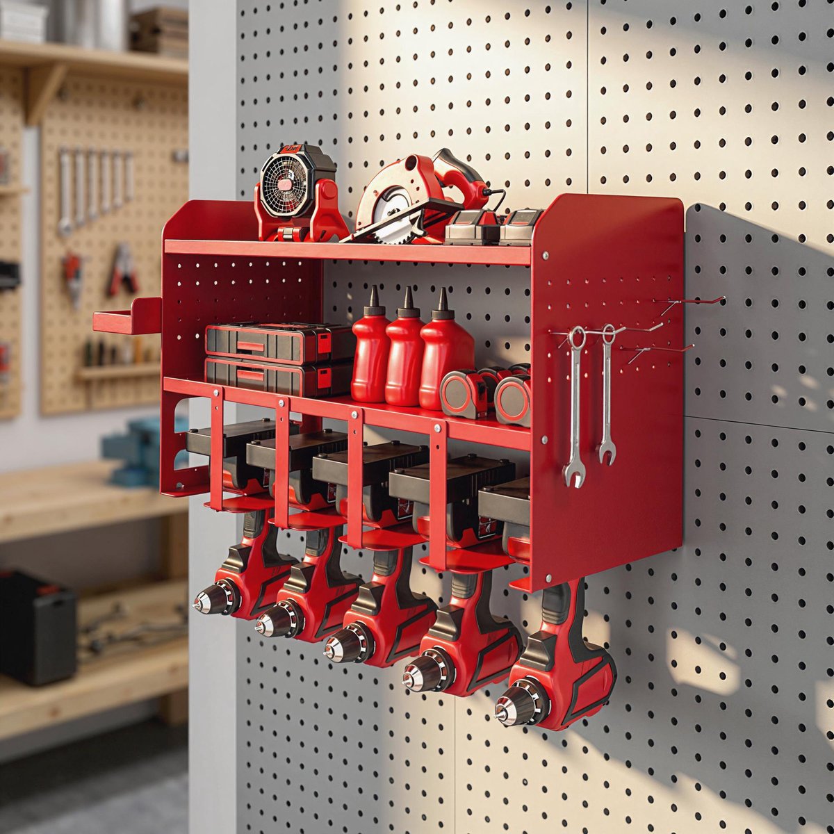 Sogiol® Opbergrek voor tuingereedschap - Gereedschapsrek - 2-laags wandrek - voor de garage met lade en haken - rood