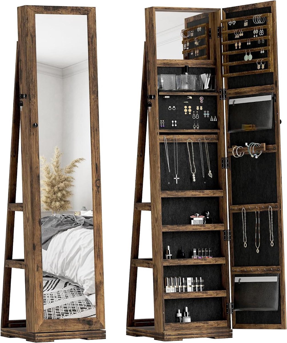 Sieradenkast - Opberger met spiegel - Sieraden organiseren - 360 graden draaibaar - 160 cm hoog - Rustiek bruin