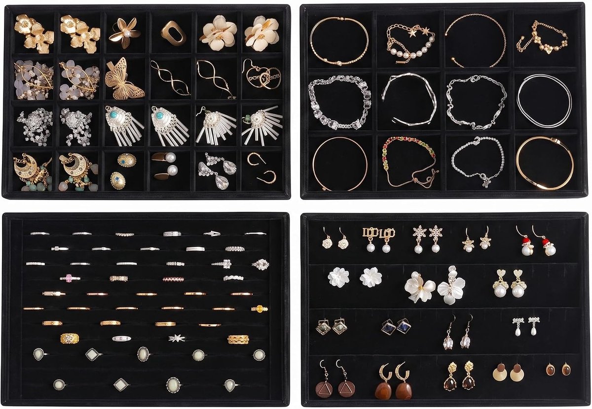 SnelShoppen - Stapelbare Velvet Sieraden Organizer Trays voor Lades - Sieradenopslag - 4 Stuks - Zwart - Voor Oorbellen, Ringen, Armbanden en Kettinge