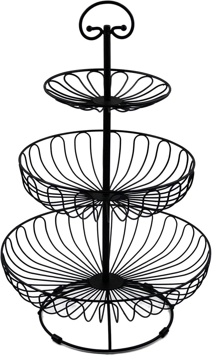 SnelShoppen - Etagère met 3 niveaus fruitmand van metaal - zwart - voor meer ruimte op het werkblad - 47 cm hoog, max. diameter 30 cm - ideaal voor ke