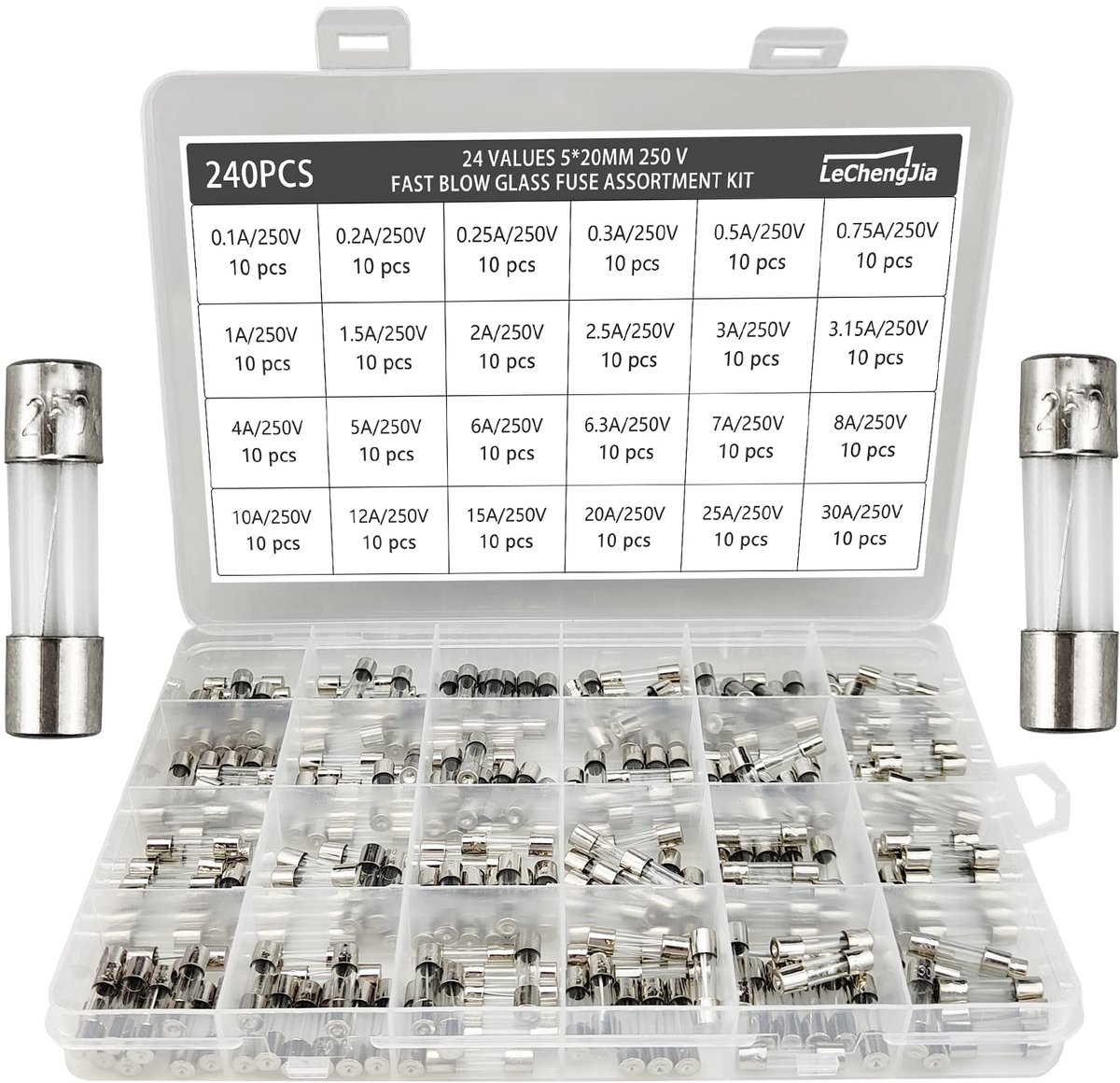 24 values 240 pieces 250 V glass fuse set 5 x 20 mm 0.1 A, 0.2 A, 0.25 A, 0.3 A, 0.5 A, 0.75 A, 1/1.5 A, 2 A, 2.5 A, 3 - ShopVlot