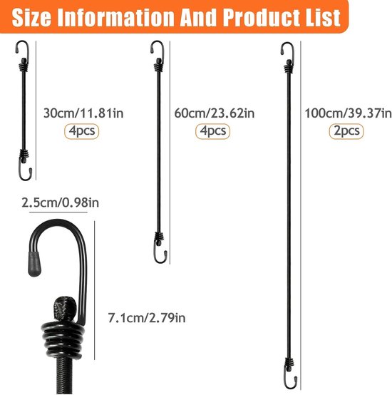 Set van 10 Verstelbare Elastische Spanners met Haken voor Bagage, Tarps en Motorfietsen - Ideaal voor Camping en Vervoer (30cm/60cm/100cm) — afbeelding 4