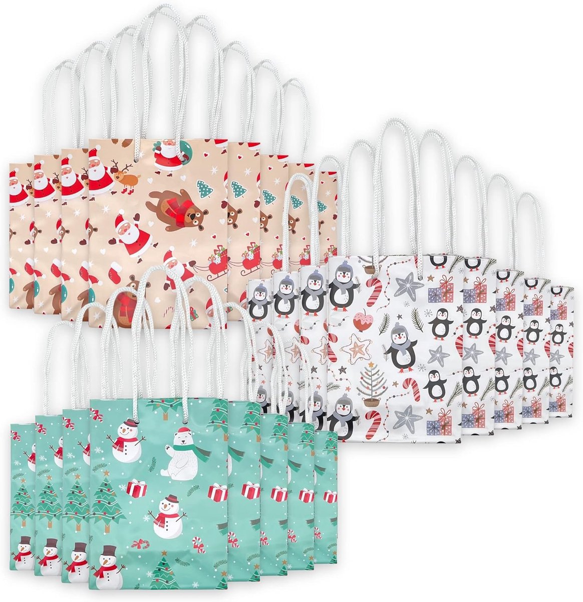 SnelShoppen - Kerst Cadeauzakken Set met Handvat Herbruikbaar (16 x 11.5 x 6 cm - 24 Stuks, Schattige Kerst Motieven)