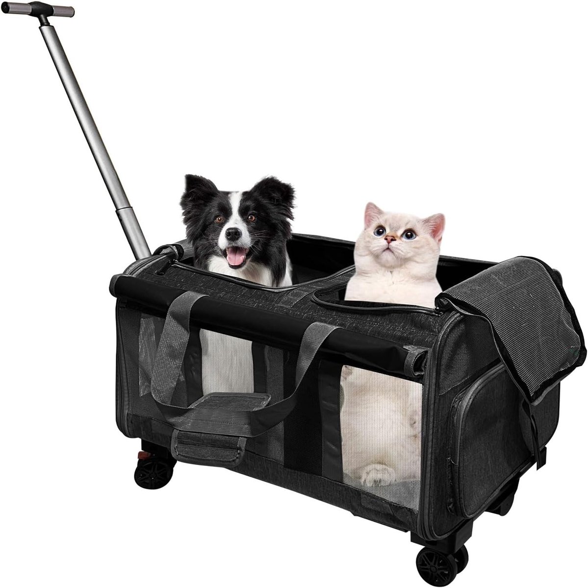 Draagtas voor 2 katten of honden met 2 compartimenten, 4 wielen en telescopische handgreep, opvouwbare grote tas tot 20 kg, ideaal voor dierenartsbezoeken en autovakanties