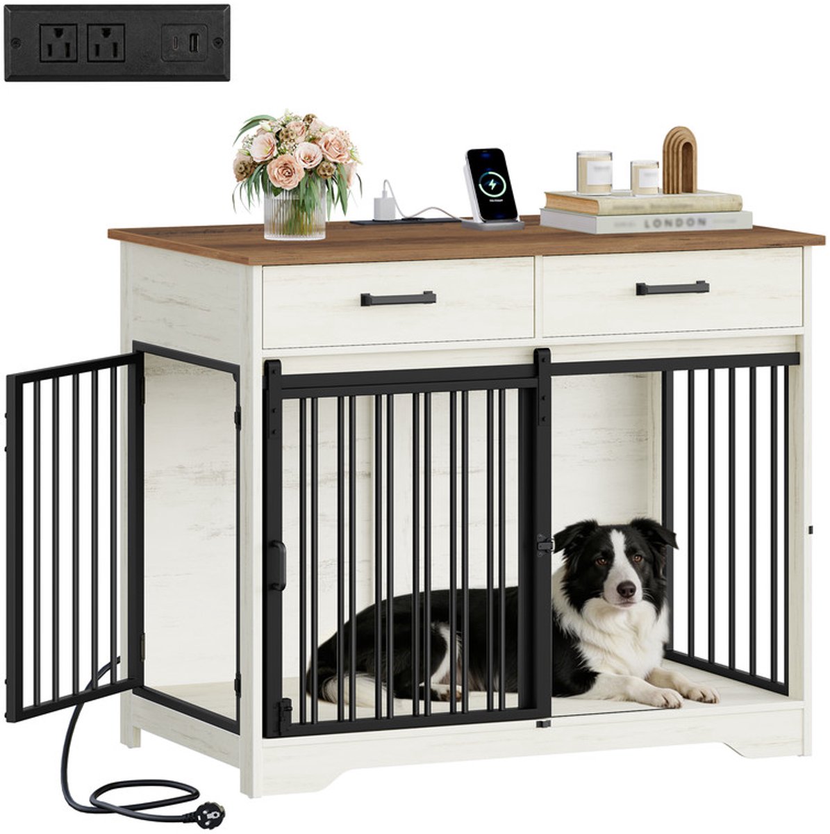 Hzuaneri Hondenkooi, Meubel Met Stopcontact, Hondenbox Voor Thuis Met Schuifdeur In Schuurdeurstijl En 2 Laden, Dressoir Met 3 Deuren Voor Middelgrote Of Grote Honden, 97 x 56 x 81 cm, Wit En Bruin