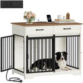 HILINSIE Hondenkooi, Meubel Met Stopcontact, Hondenbox Voor Thuis Met Schuifdeur In Schuurdeurstijl En 2 Laden, Dressoir Met 3 Deuren Voor Middelgrote Of Grote Honden, 97 x 56 x 81 cm, Wit En Bruin
