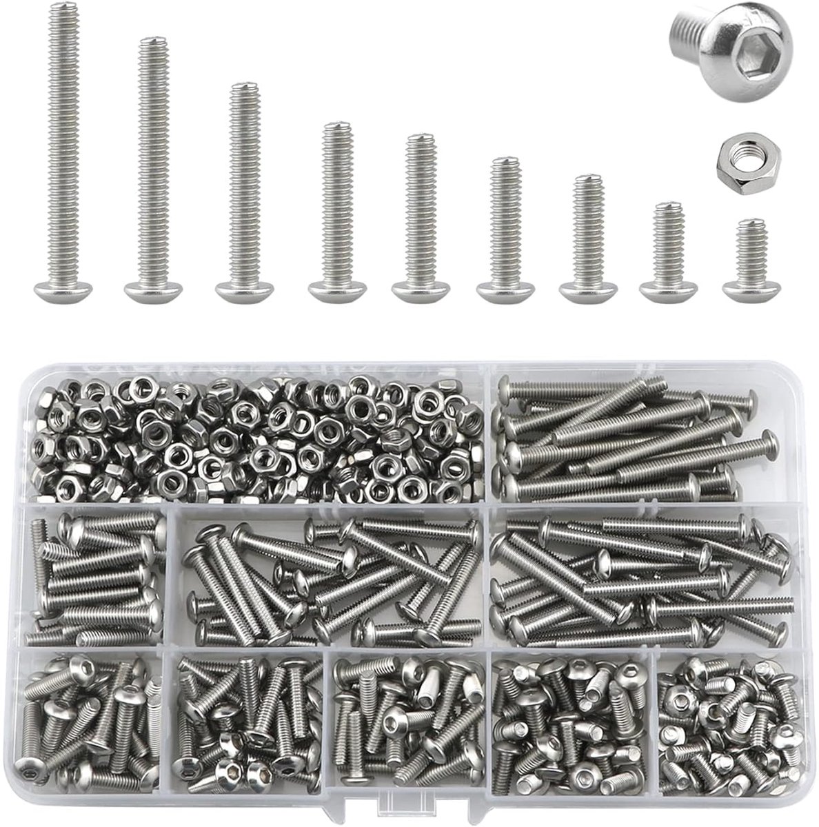 Schroeven en moeren, zeskantkop, M4, roestvrij stalen machineschroeven en rondkop-zeskantschroeven assortiment (8/10/14/16/18/20/25/30/35 mm M4, zilver)