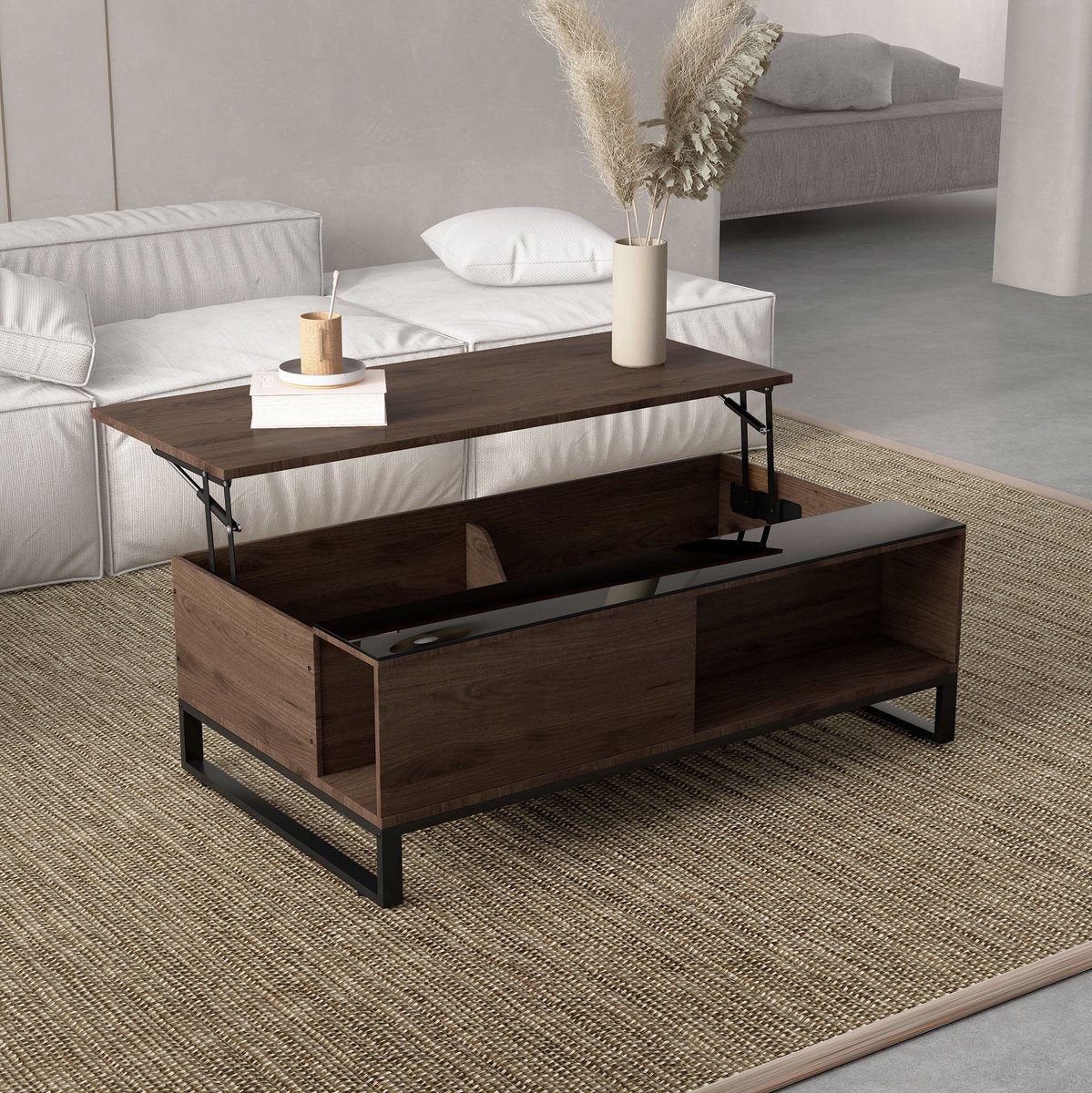 MEUNIQ salontafel 102 x 58 x 35,5 cm met hefmechanisme, opbergruimte en onderplank, moderne koffietafel voor woonkamer in walnoot en zwart