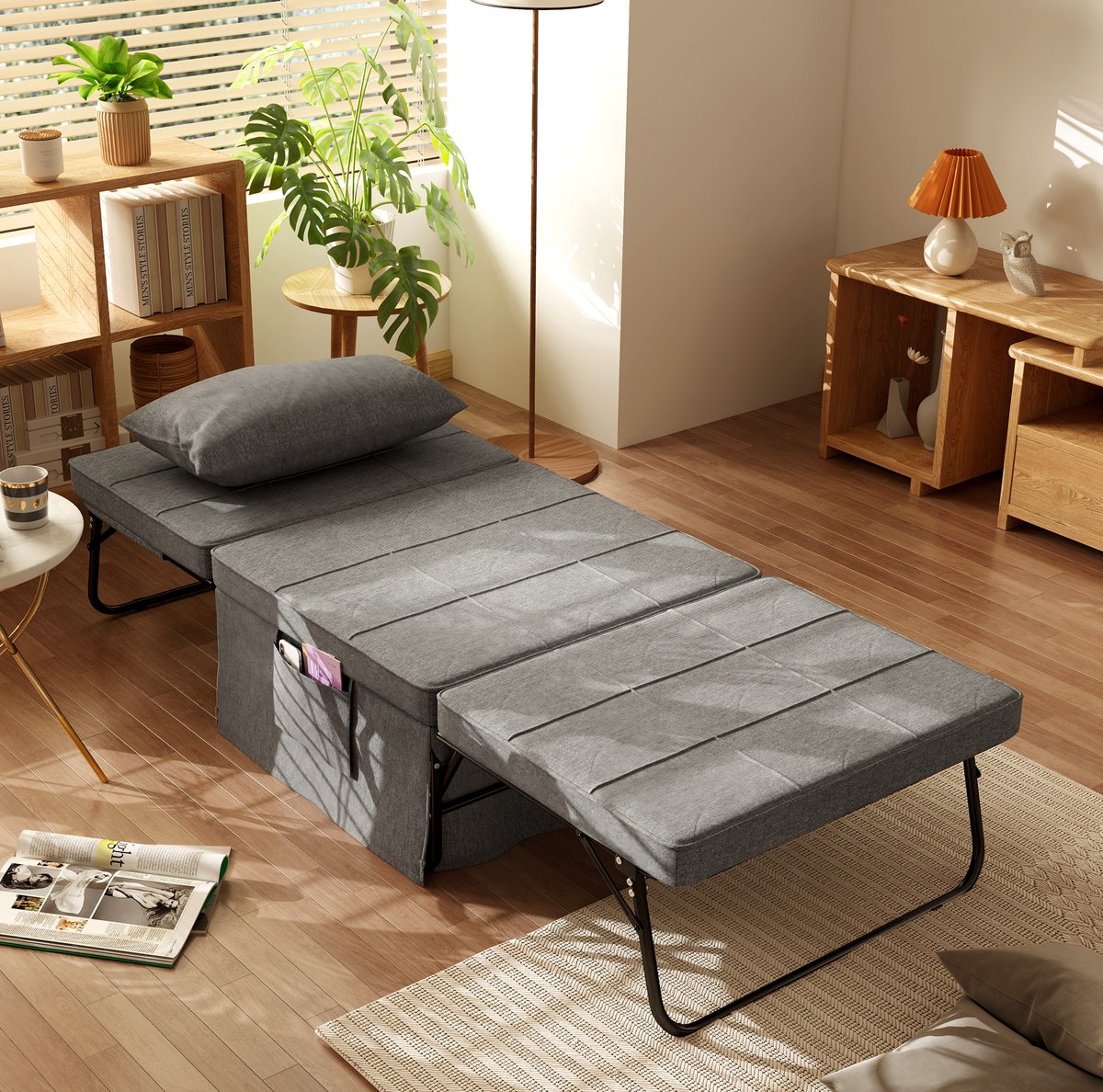 MEUNIQ opklapbed eenpersoons 188 x 75 cm met 8 cm matras, 4-in-1 slaapstoel en logeerbed met 5-voudig verstelbare rugleuning, zijvakken en staalframe grijs