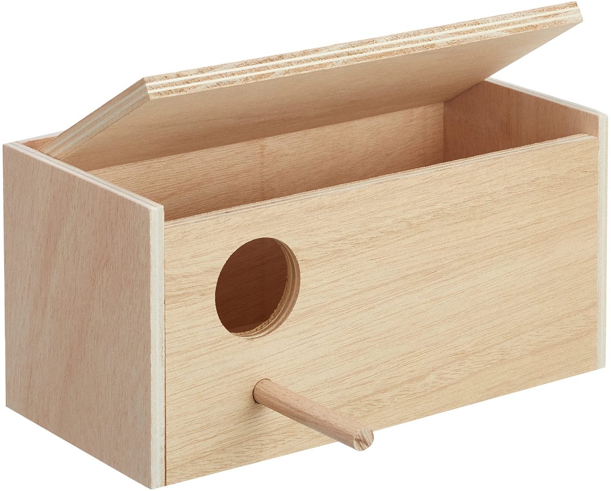 Dailygoods- Nestkastje voor parkieten - Ingebouwde nestbak - Opklapbaar deksel - 28,5 x 14 x 14 cm - Zitstang links - Geschikt voor agaporniden - Vogelnest