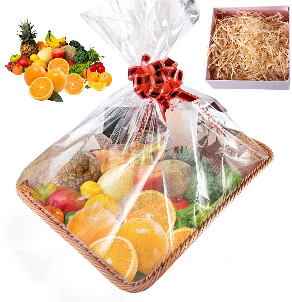 geschenkmand, set van gevlochten mand, mand voor geschenken, met treklussen en transparante geschenkzak voor geschenkmand, presentmand, leeg voor broodbakken, voor vakantie en geschenken (35 x 25