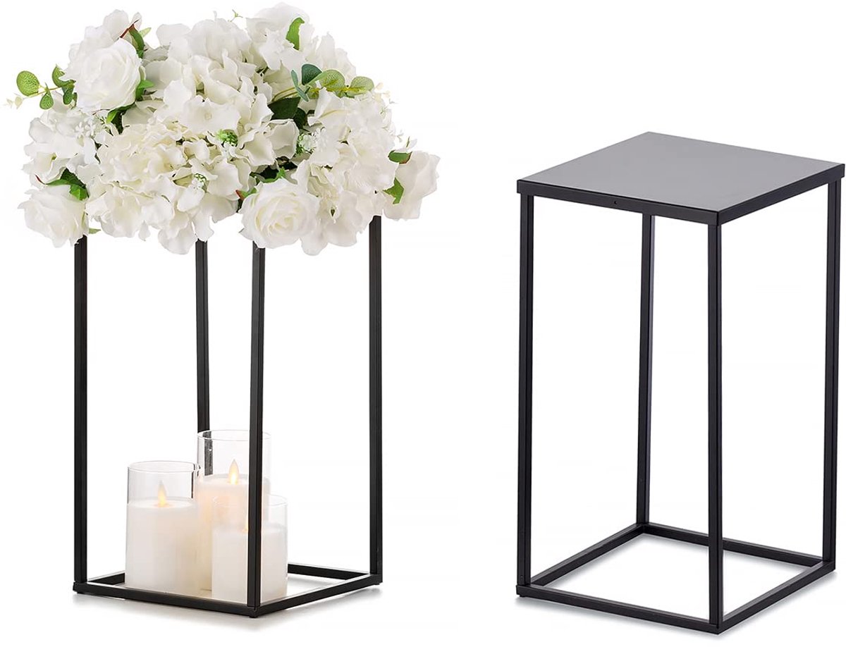 40cm Rechthoekige Bruiloft Centerpieces Vazen Met Platen - 2 Stuks Metalen Kolom Geometrische Bloemenstandaard Zwarte Bloem Display Rack Decoraties voor T-stage Receptie Feest Fiesta Evenement