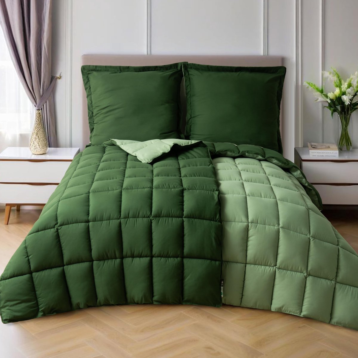 Dekbedovertrek set 4-delig met 2 x dekbed van 135 x 200 cm en 2 x kussenslopen van 80 x 80 cm, Oeko-Tex-gecertificeerd, boxvormig genaaid alternatief voor donss, groen, met 1300 g vulling (250 g