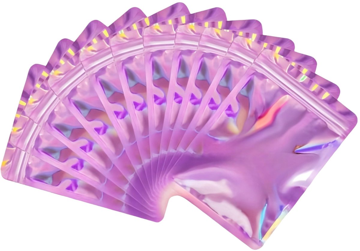 100 stuks Hersluitbare Holografische Zakjes, Afsluitbare Mylar Zakken met Ritssluiting, Luchtdichte Zak voor het Verpakken en Bewaren van Voedsel (Roze Holografisch, 10,5 x 15 cm)