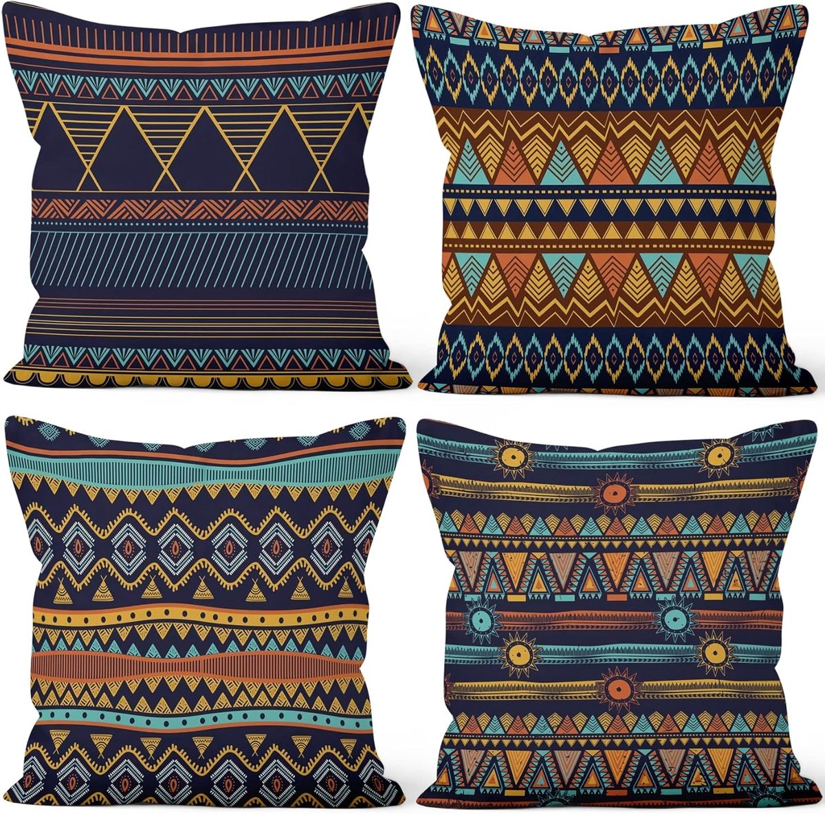 Kussenhoezen Set van 4, Boho Patroon Sierkussenhoezen Retro Boheemse Geometrie Zachte Korte Pluche Vierkante Kussenhoes voor Bank Slaapkamer Auto Stoel Woondecoratie 40,6 x 40,6 cm