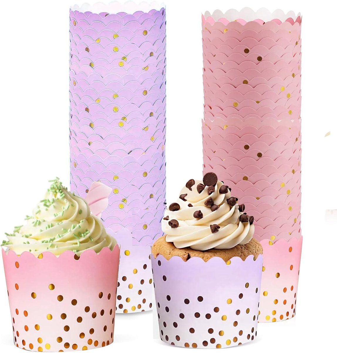 100 stuks cupcake-wrappers, 7 x 6 x 5,5 cm, muffinvormpjes, papier, muffinvormpjes, muffinvormpjes, taartvormpjes voor muffins dessert (roze, paars)