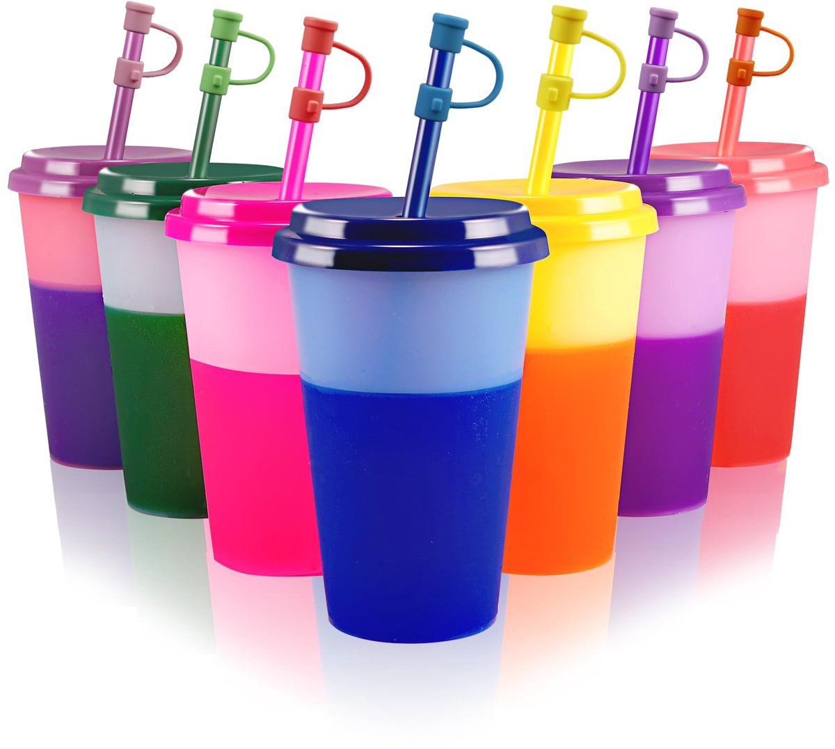 Set van 7 kleuren veranderende bekers met deksels en rietjes - 350 ml herbruikbare plastic drinkbekers bulk party drinkbekers koud water bekerset (met siliconen rietjeshoes)