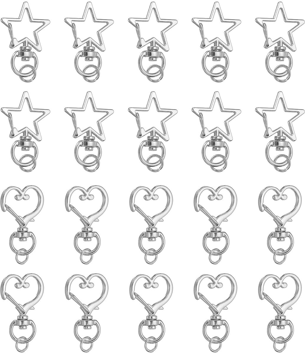 20 stuks metalen veersnapsleutelhangerclip, ster hartvorm draaibare klikhaak karabijnsluiting met open springring voor doe-het-zelf ambachtelijke zakdecoratie, zilver