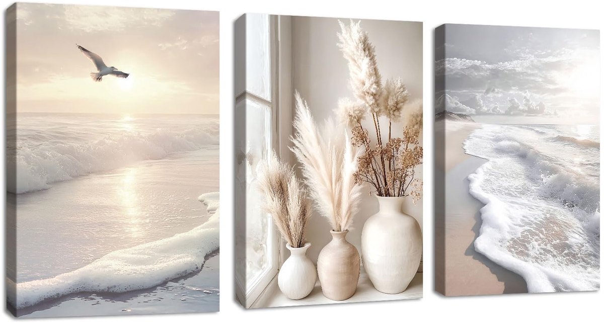 Wanddecoratieset Beige riet Pampasplanten Afbeeldingen Zonsondergang Ingelijst schilderij op canvas Prints voor woonkamer Slaapkamer Kantoor Wanddecoratie 30x40cmx3