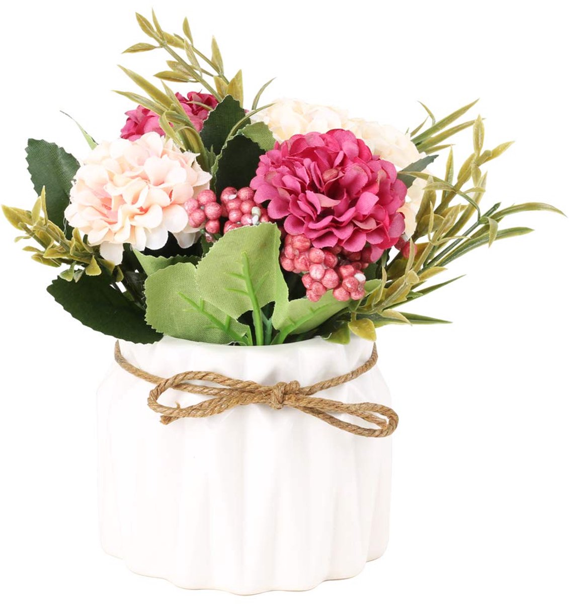 Kunstmatige hortensia boeket met keramische vaas nep zijde verscheidenheid bloem ballen bloemen decoratie voor tafel thuis feest kantoor bruiloft (wit)