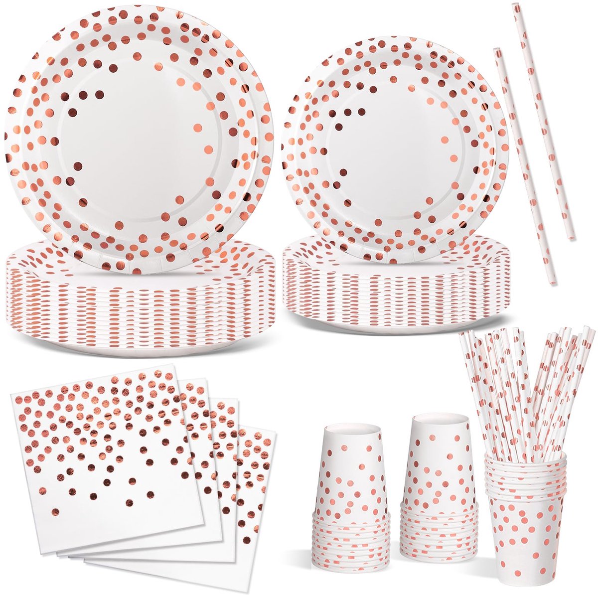 Verjaardagsfeestservies, 120 stuks, roségoud, feestborden, verjaardag, set inclusief wegwerpborden, papieren kopjes, servetten voor feest, decoratie, babyshower, 24 gasten