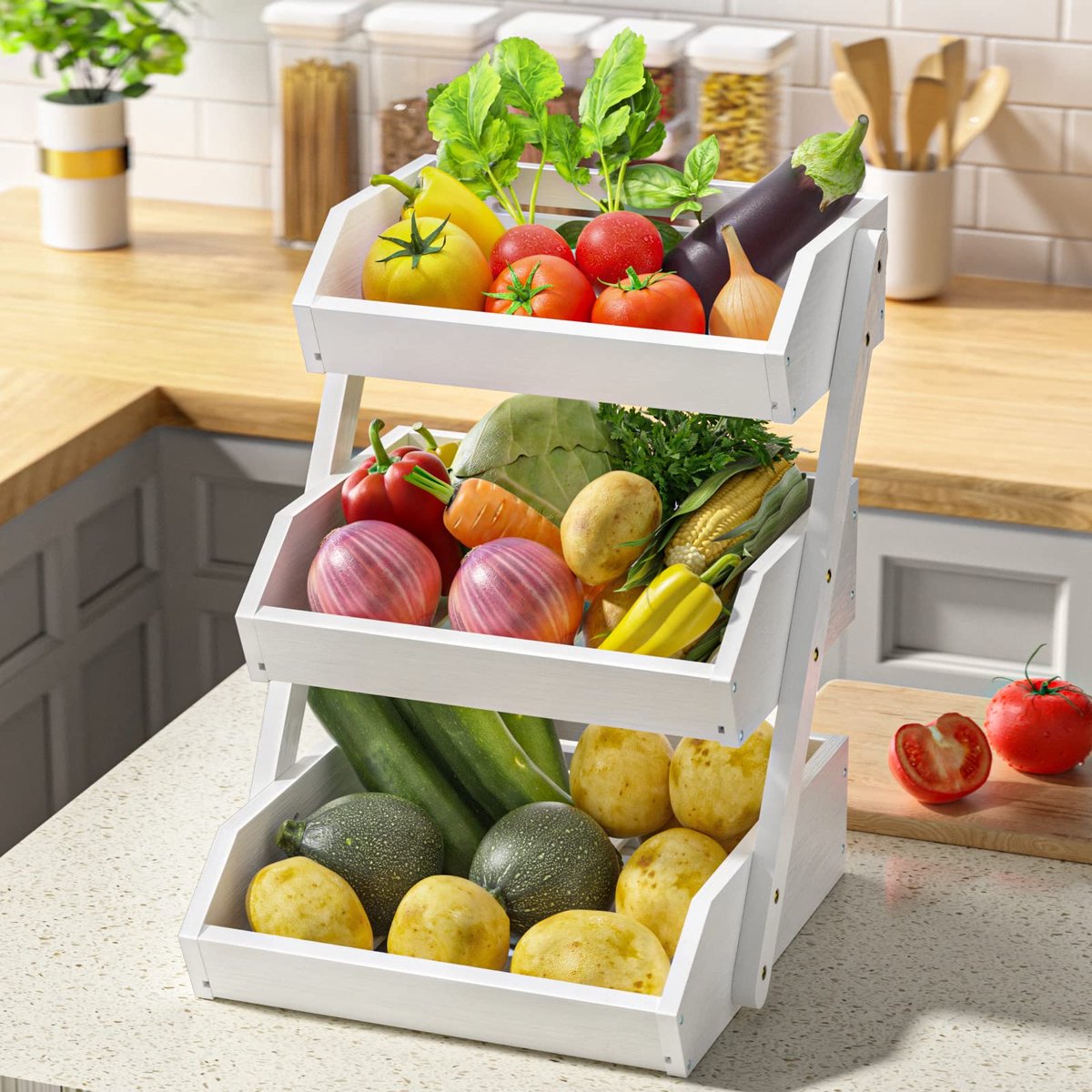 Homefavor Fruitmand, van bamboe, 3 etages, demonteerbaar, fruitstandaard, opberghouder, voor groenten, snacks, brood, keuken, wit