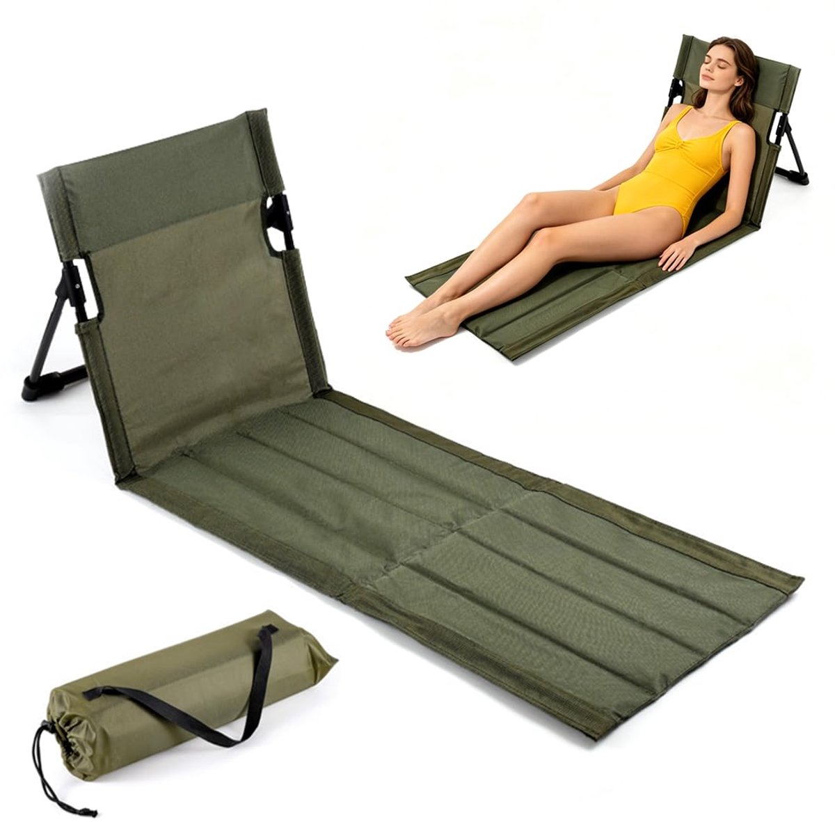 Strandmat, met verstelbare rugleuning, opvouwbare strandstoel, zonnebed, zonnebed, ligmat voor tuin, camping, picknick, reizen, vakantie (legergroen)