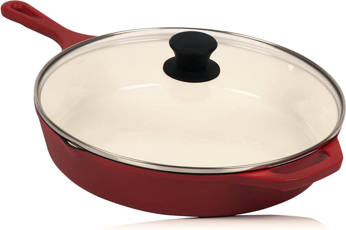 Gietijzeren Pan Braadpan met Deksel Langzaam Garen Twee Schenktuiten Diameter 29.5 cm Donkerrood