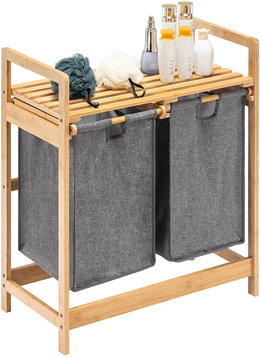 Dailygoods- Wasmand met Bamboe Frame - Wasmand 2 Vakken - Wasverzamelaar met Binnenzakken - Geschikt voor Slaapkamer/Badkamer - 73 x 64 x 33 cm - Verhoogde Voeten tegen Water-Vuil - Wascontainer