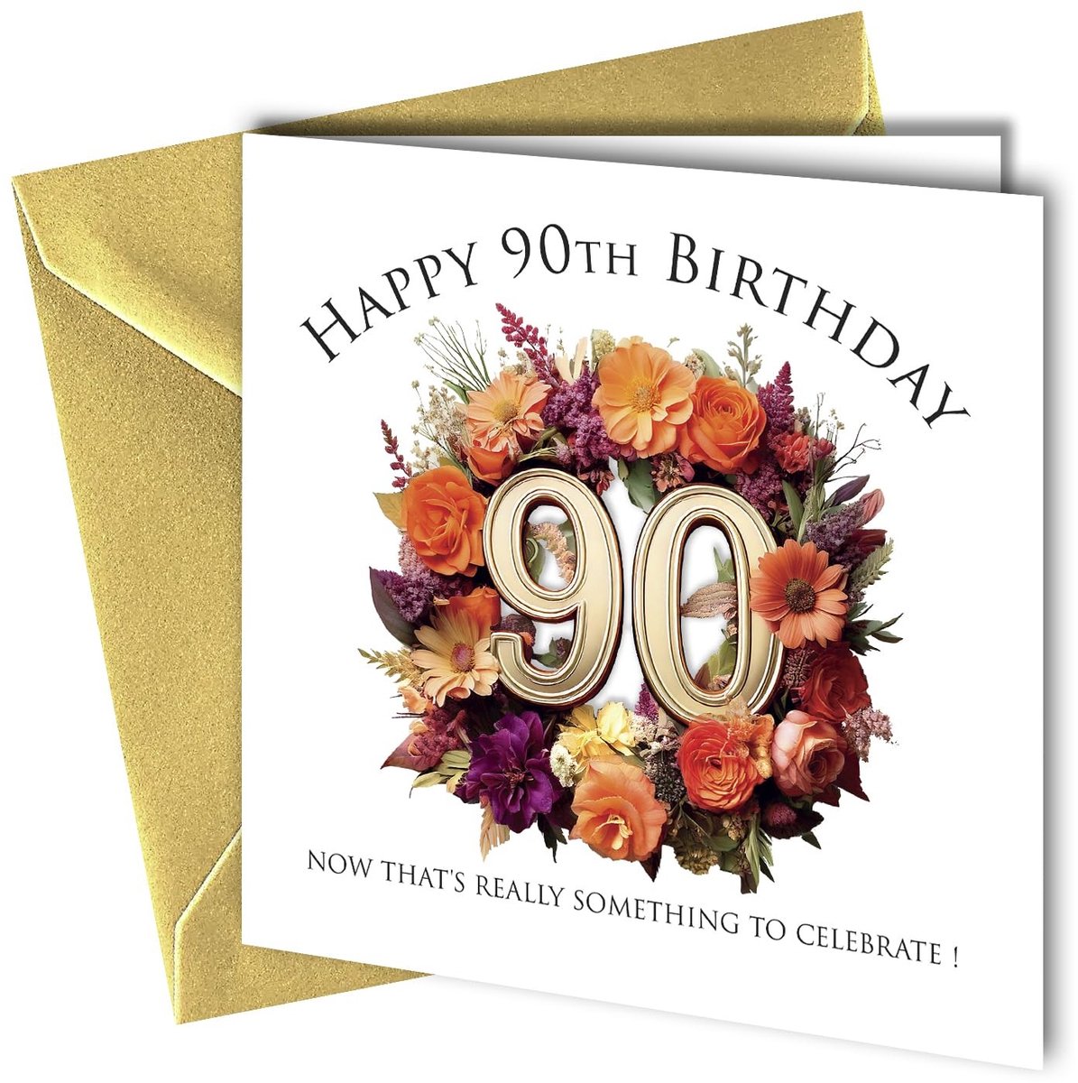 Dailygoods - 90e Verjaardagskaart met Gouden Cijfers en Bloemmotief - Inclusief Gouden Envelop