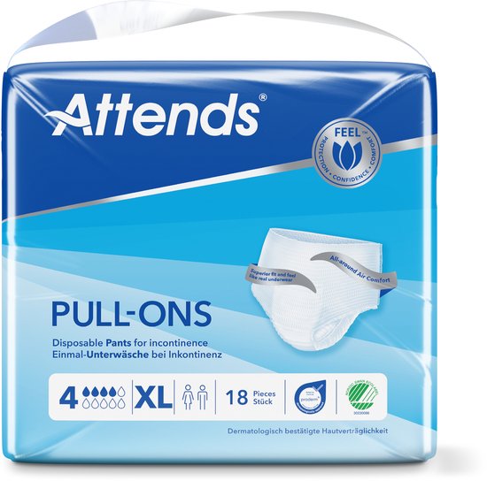 Verpakking Attends Pull-ons maat XL, 18 stuks. Blauwe en witte verpakking met blauwe golven.