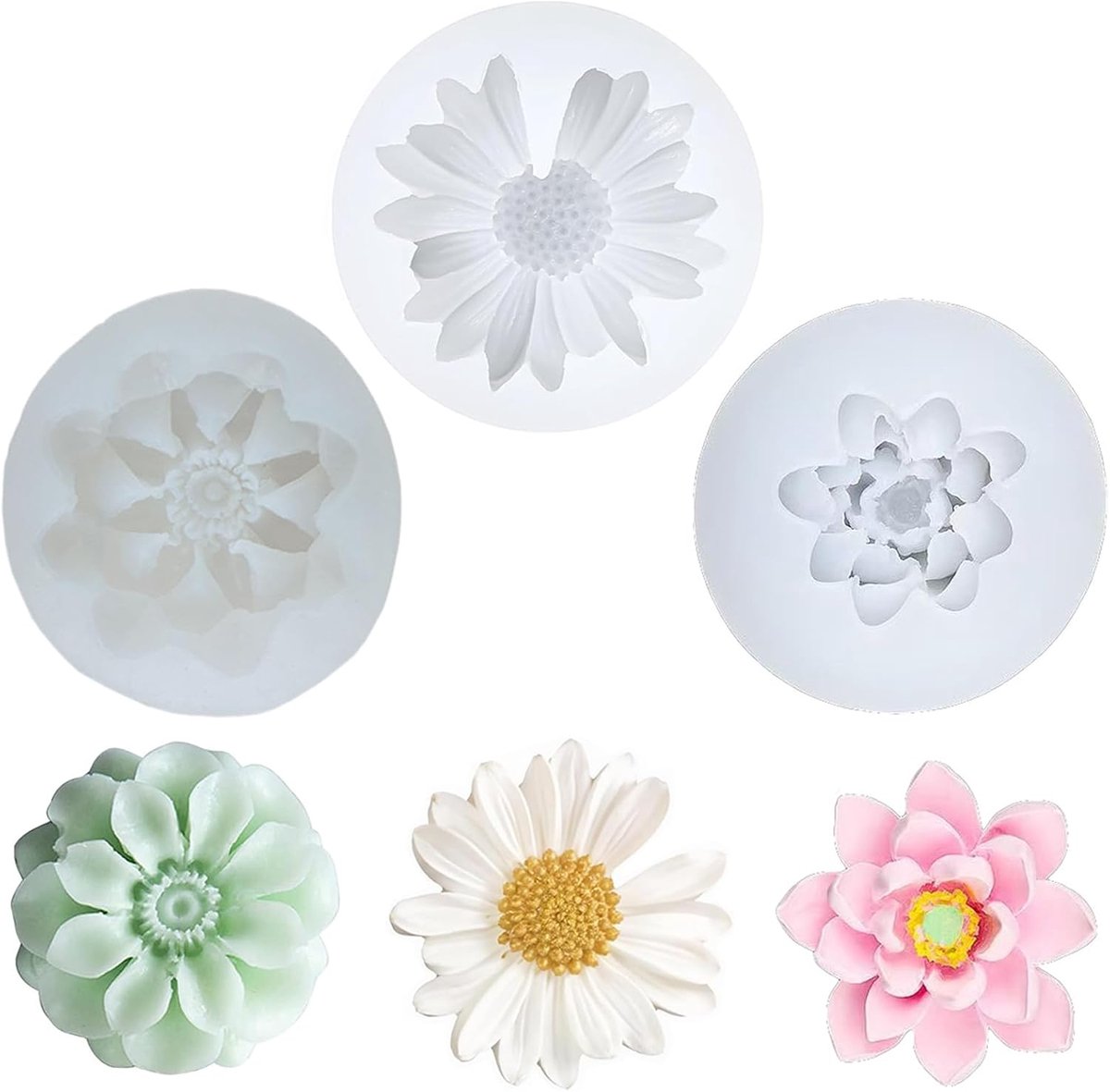 3 stuks doe-het-zelf kaarsvormen, siliconen vorm, bloemen voor gieterij, bloemen, 3D-vorm, kaarsen, madeliefjes, siliconen vormen, bloemen, lotus voor zeep, chocolade, snoep