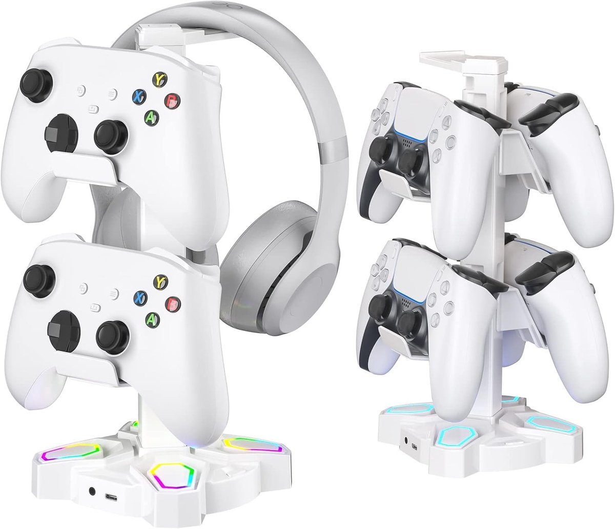 RGB Hoofdtelefoonhouder met Draaifunctie en 9 Verlichtingsmodi, Controllerhouder met 2 USB-poorten, Type C-aansluiting en 3.5mm AUX, Ideale Gaming Hoofdtelefoonstand voor Gamers