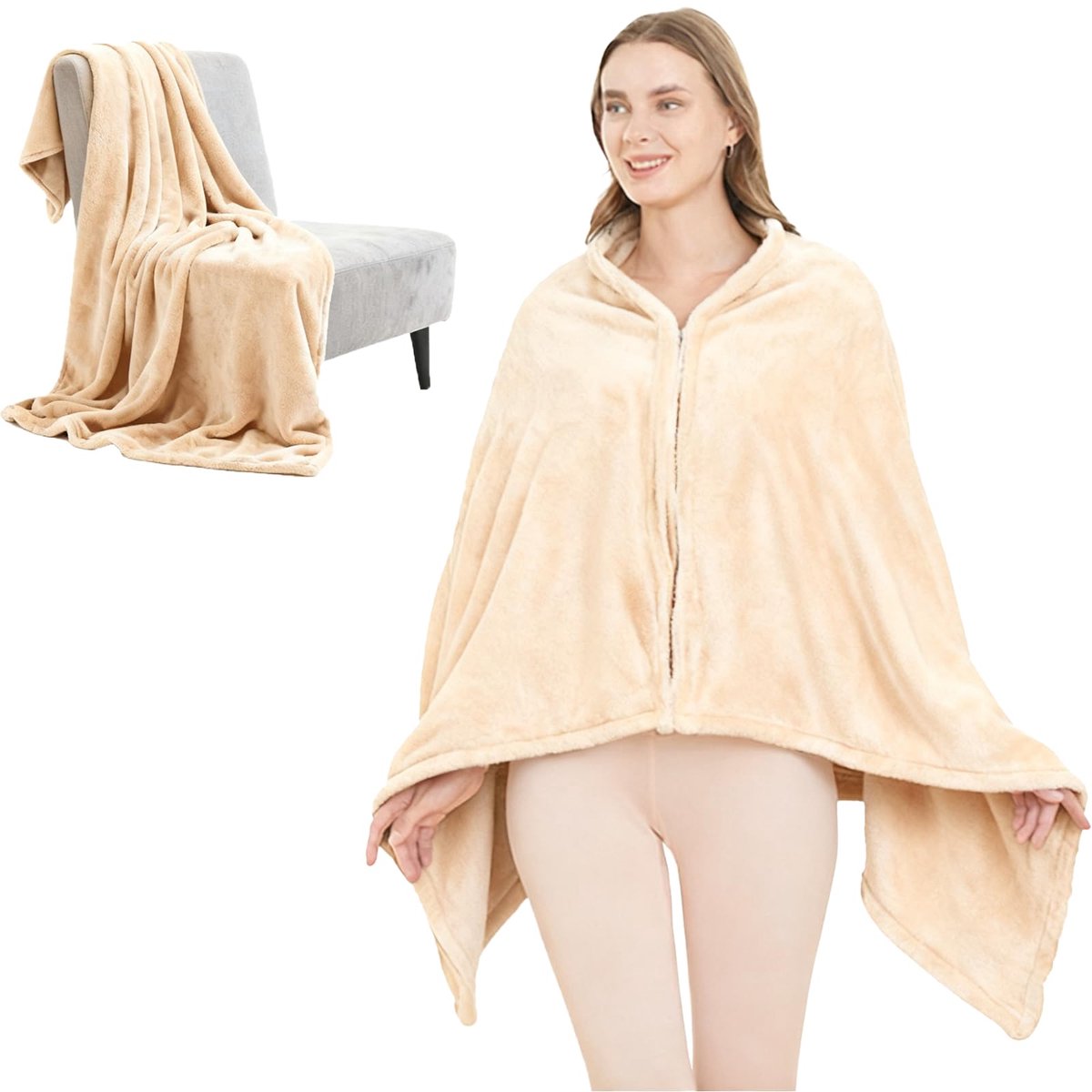 Flanellen deken, poncho voor dames en heren, extra zachte wintercape als bankdeken, reisdeken, warme woondeken voor thuis, airzeil, kantoor en camping, duurzaam, 150 x 80 cm